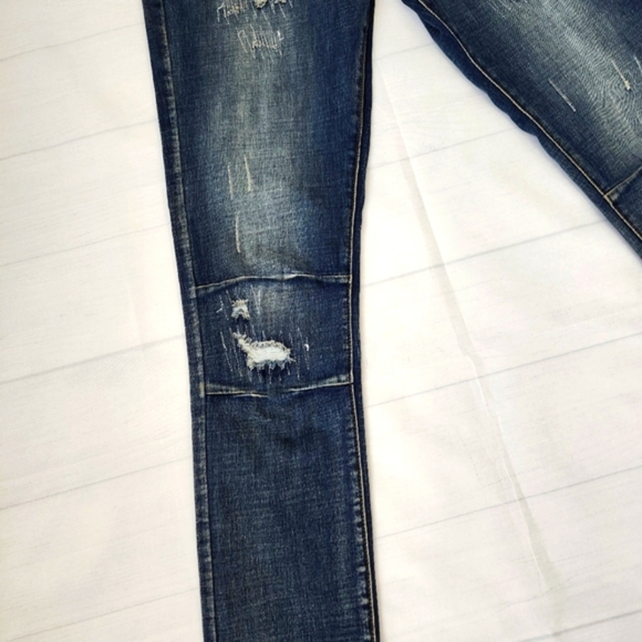 Men's Vintage Blue Wash Distressed Denim Jeans - Skinny Fit - Picture 3 of 11